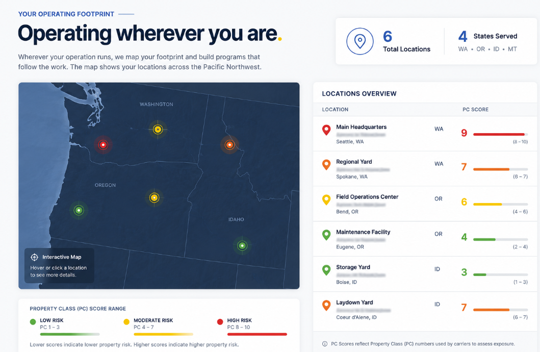 Operating wherever you are: an illustrative Pacific Northwest operating footprint with a locations overview table of example Property Class scores.